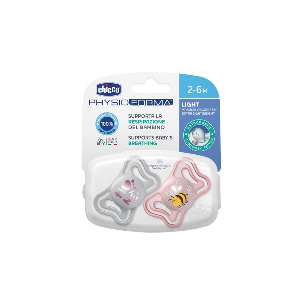 CHICCO PHYSIO FORMA LIGHT SOOTHER 2-6M 2PCS PINK